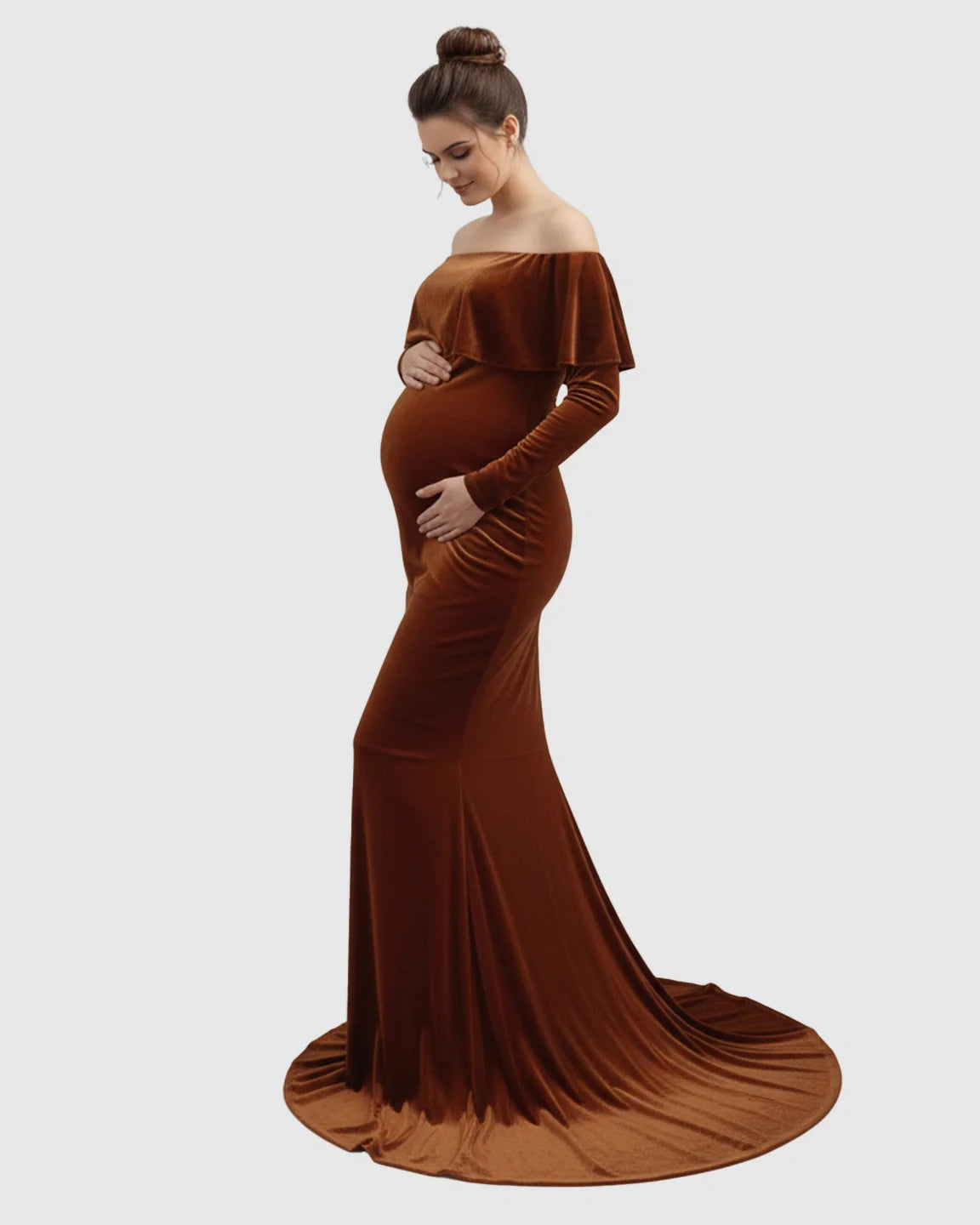 Elegant off-shoulder rust velvet maternity gown with a fitted silhouette and flowing train, highlighting a pregnant woman.