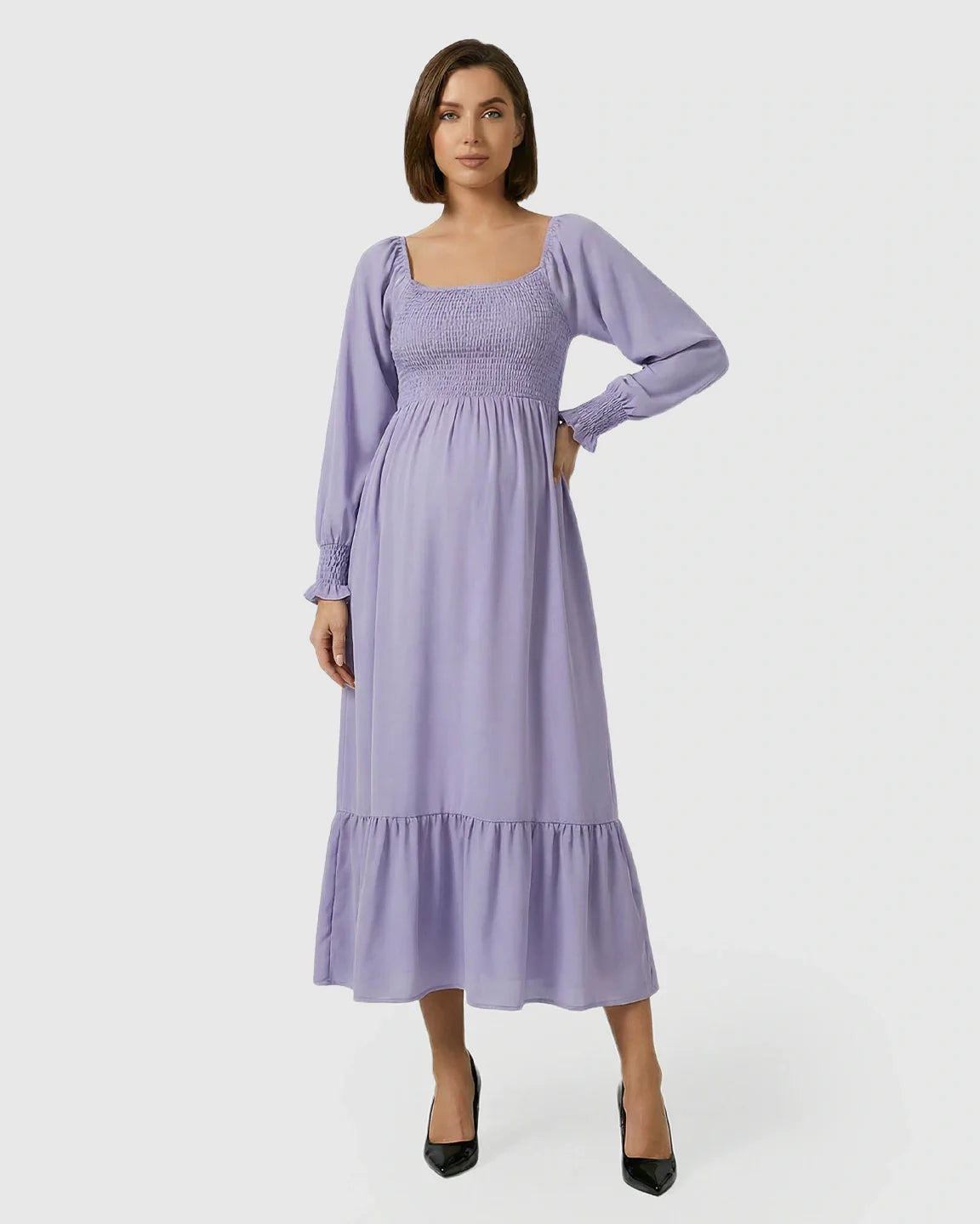 Bump Society – The Comfort Collection: Smocked Square Neck Ruffled Hem Maternity Maxi Dress