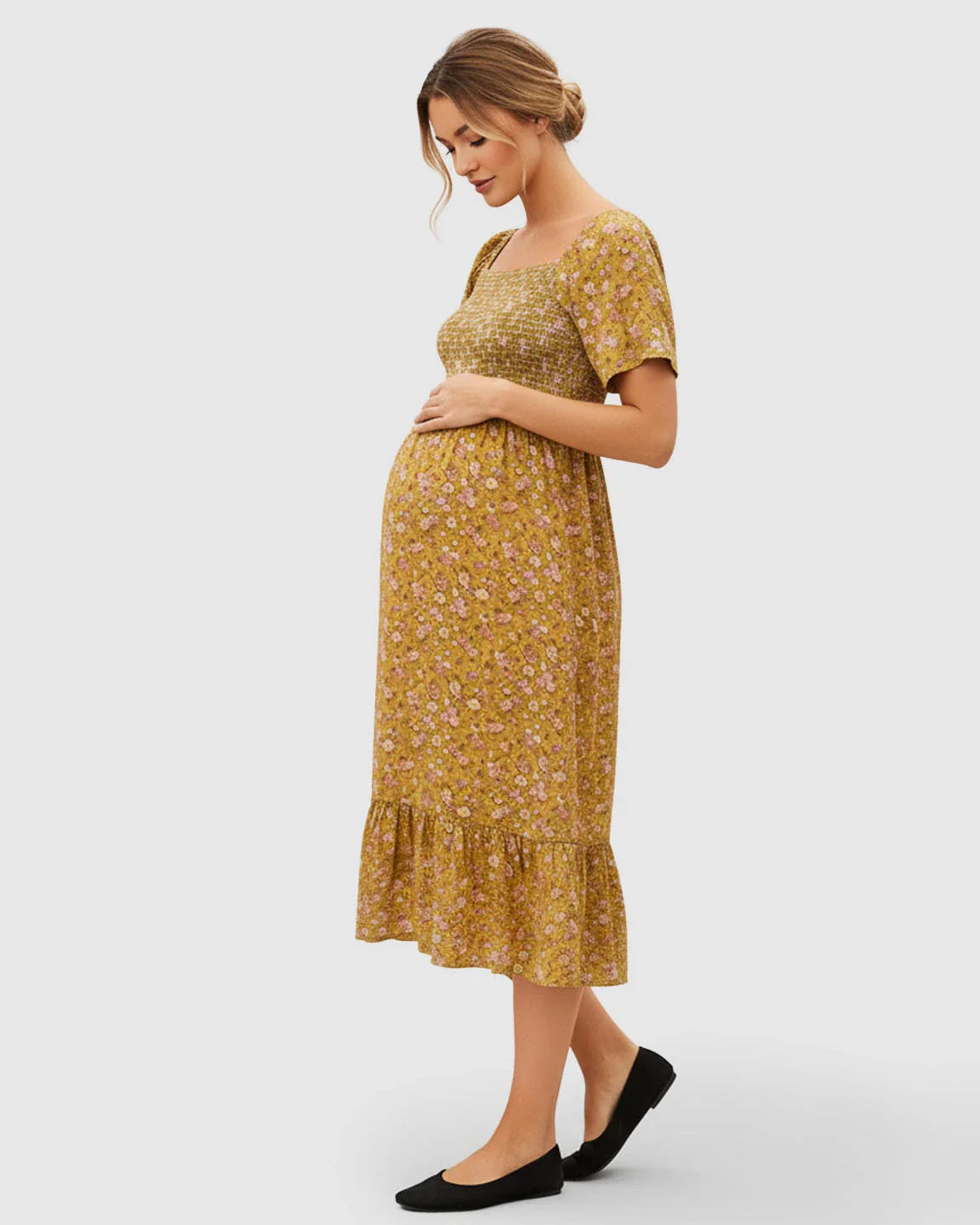 Bump Society – The Comfort Collection: Smocked Bodice Floral Maternity Midi Dress