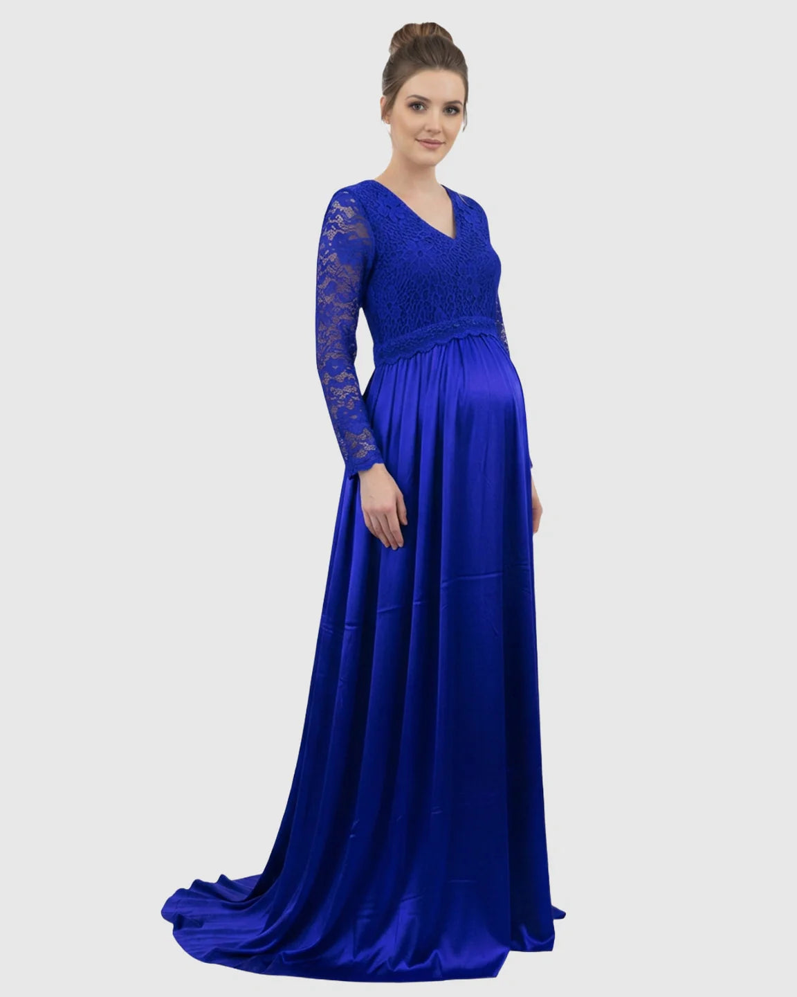 Blue lace-spliced bodice, V-neck, long-sleeved maternity maxi dress with a trailing skirt.