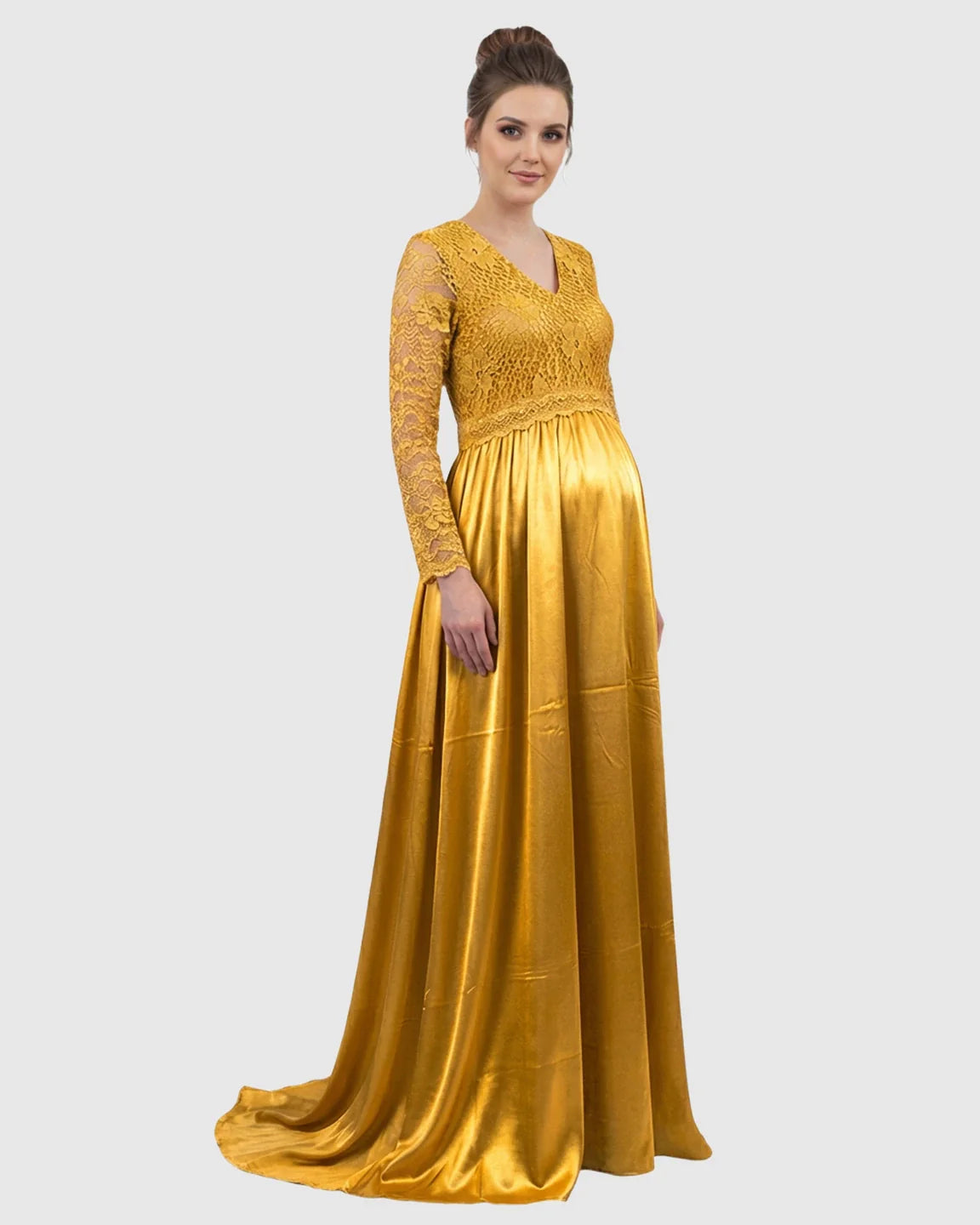 Golden lace-spliced bodice V-neck maternity maxi dress with a flowing trailing skirt.