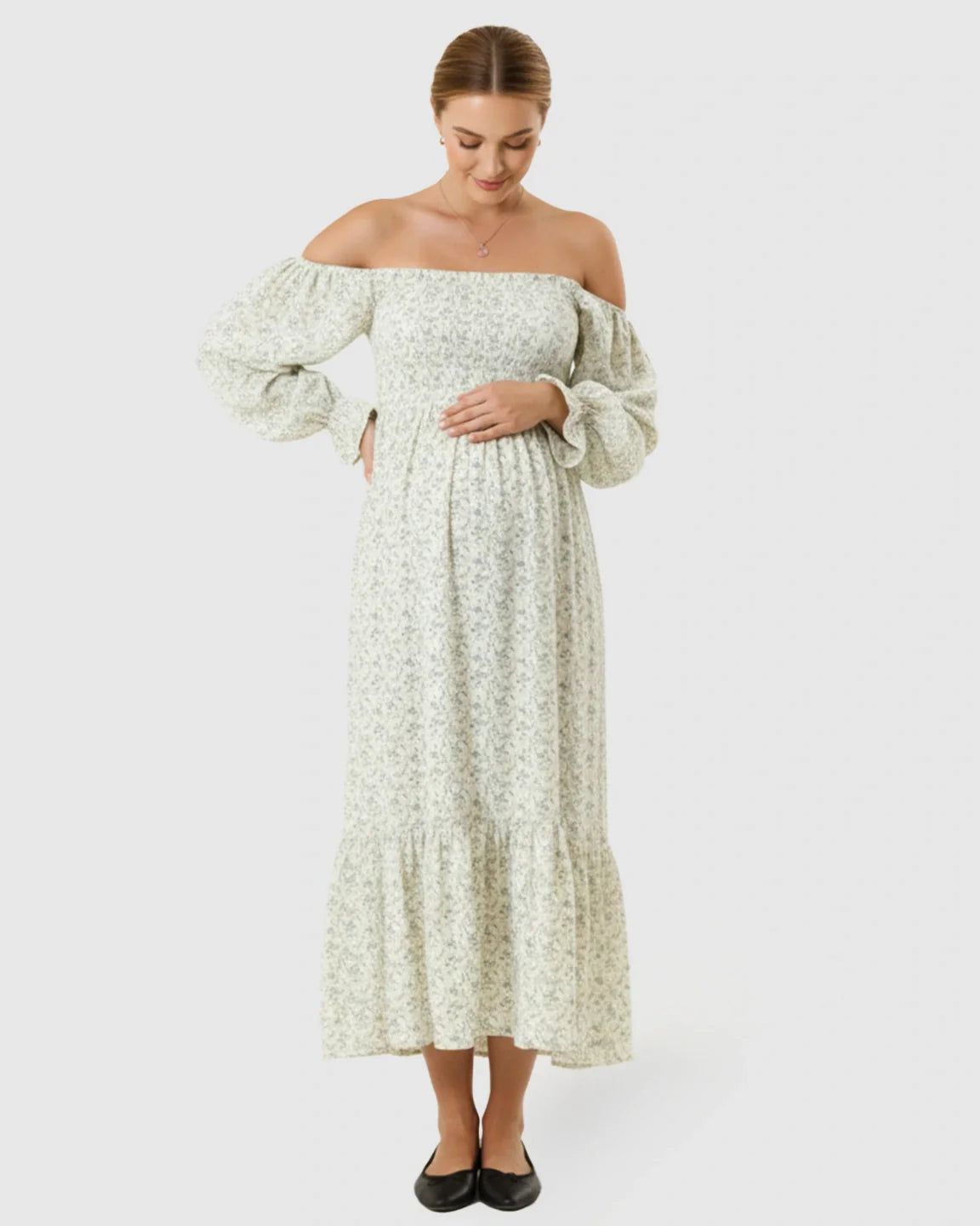 Bump Society – The Comfort Collection: Puffed Long-Sleeve Tiered Skirt Maternity Maxi Dress