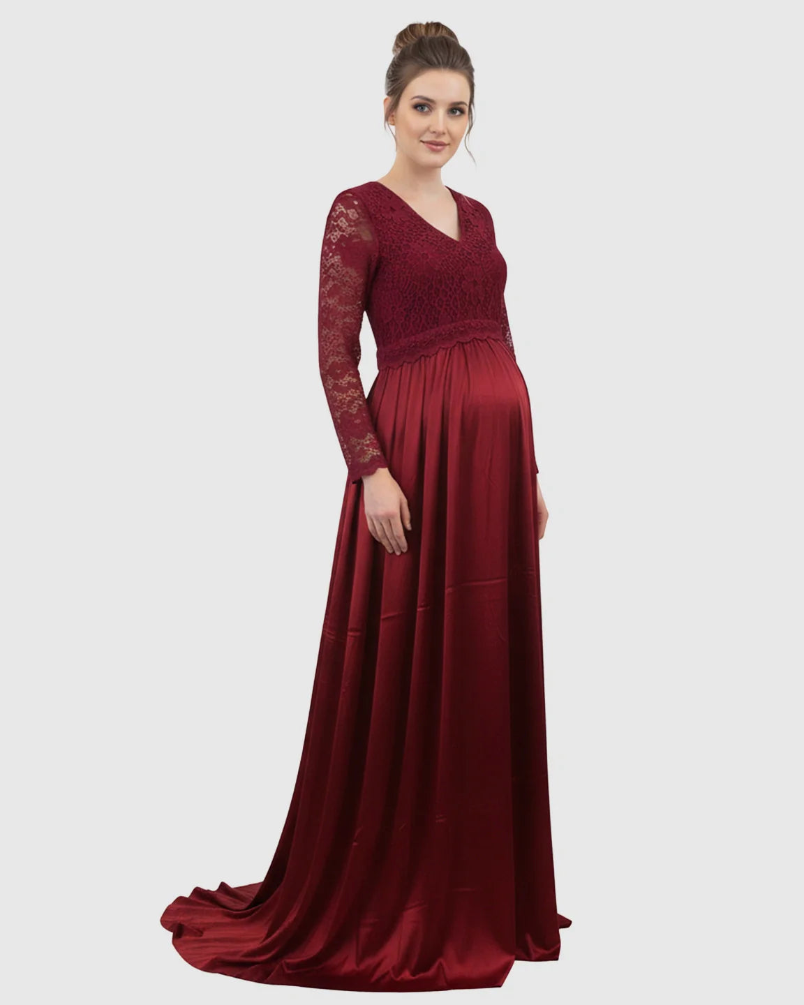 Red lace-spliced bodice V-neck maternity maxi dress with long sleeves and trailing skirt.