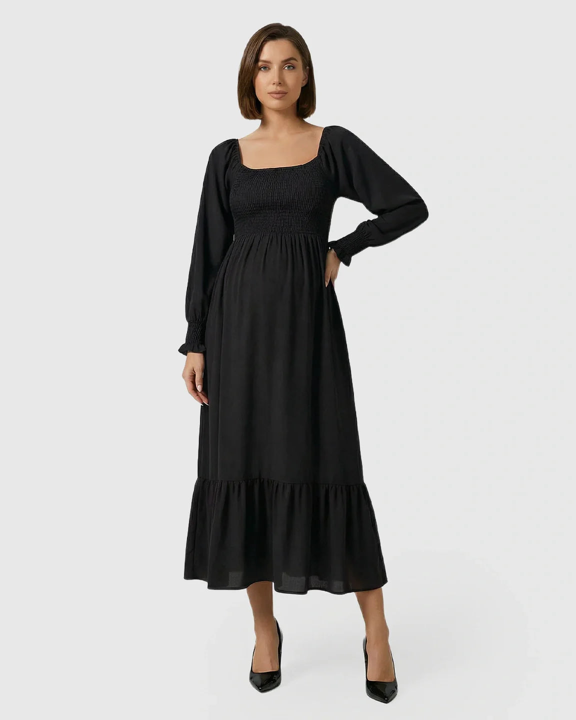 Bump Society – The Comfort Collection: Smocked Square Neck Ruffled Hem Maternity Maxi Dress