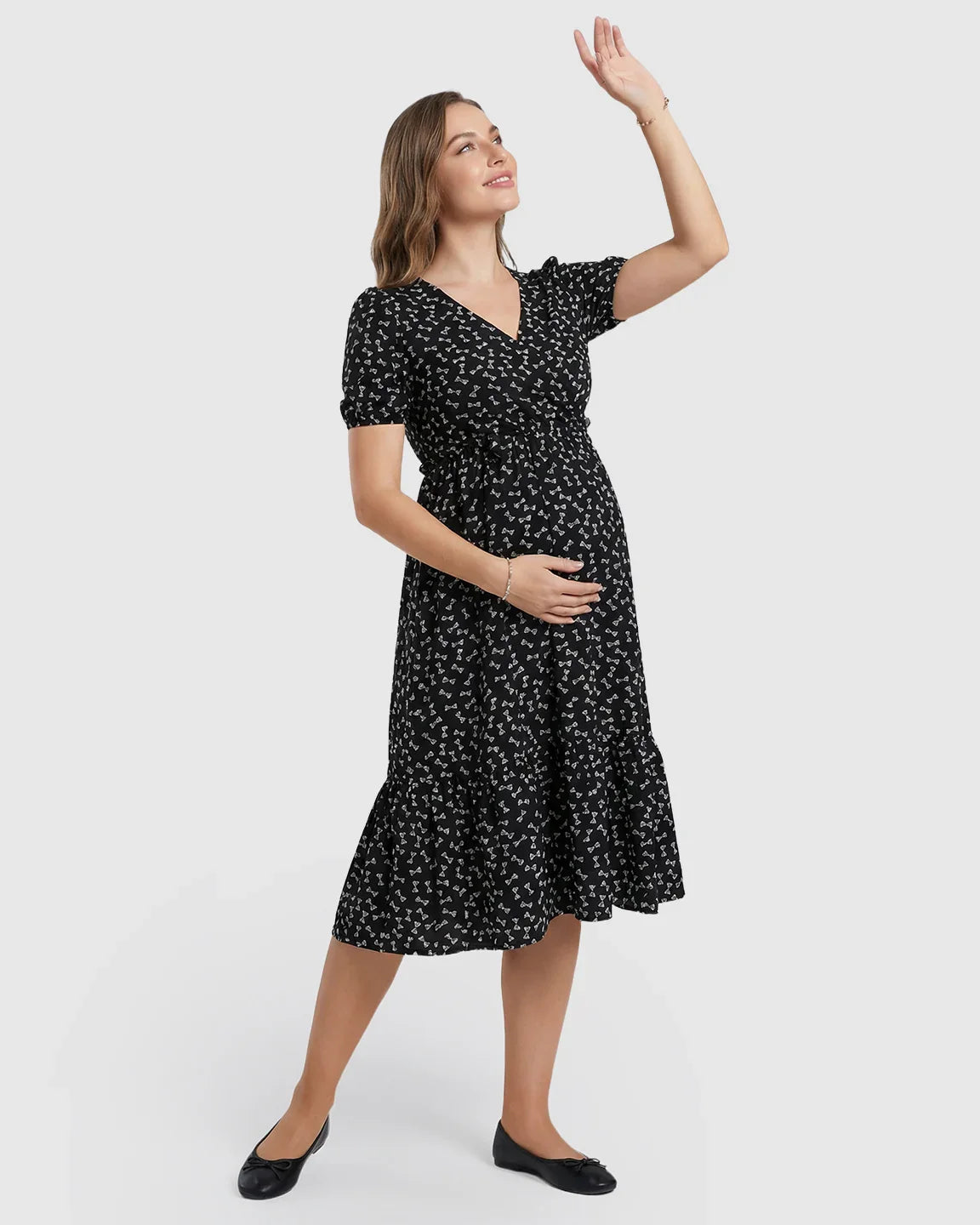 Bump Society – The Comfort Collection: Bow Tie Print Cinched A-Line Maternity Dress