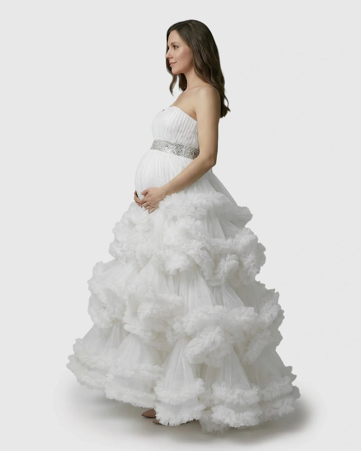 Bump Society – The Comfort Collection: Strapless Bodice Multi-Layered Ruffled Skirt Maternity Photoshoot Dress