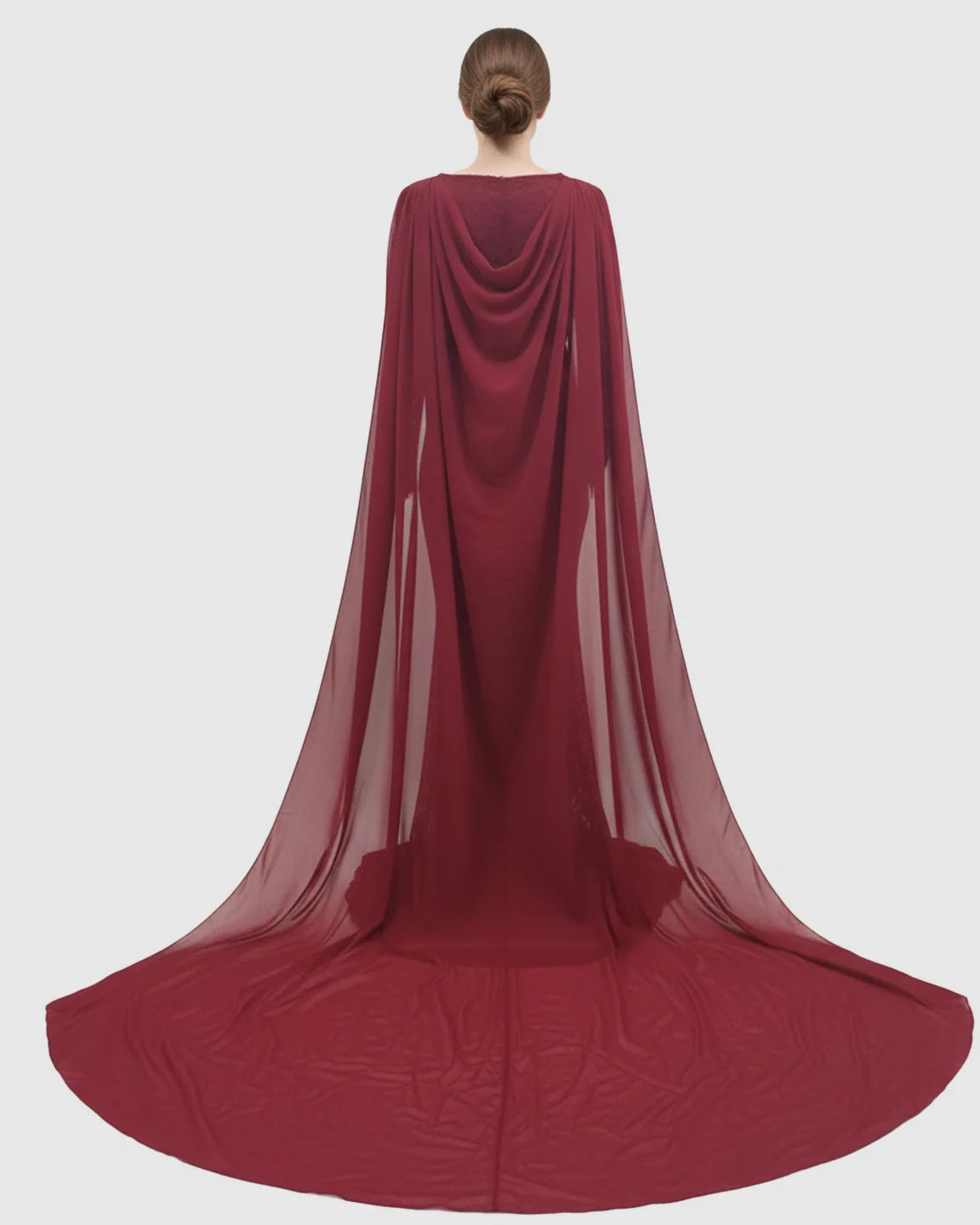 Red chiffon lace cape trailing maternity photography gown with draped neckline.