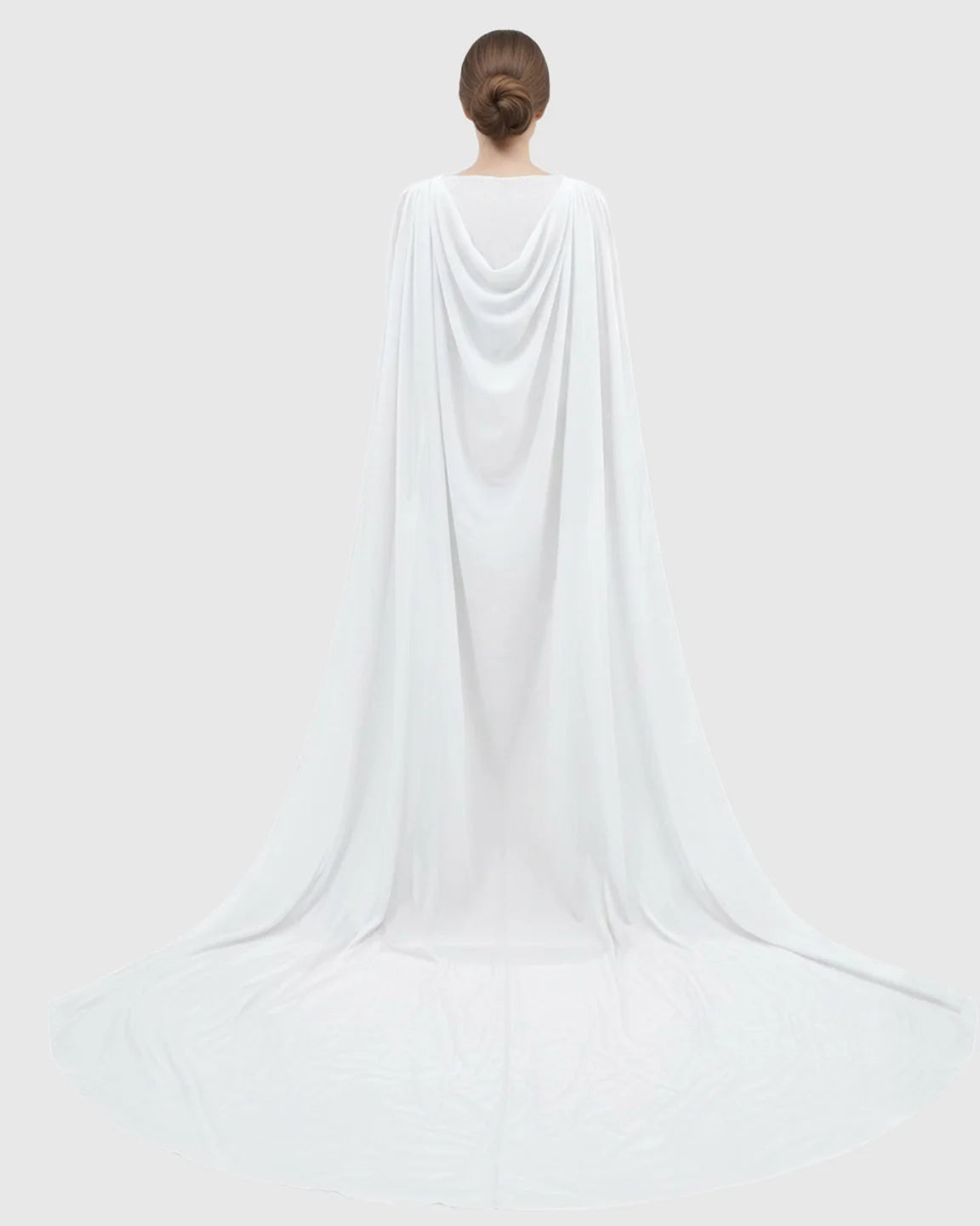 White chiffon trailing maternity photography gown with a draped cape back.