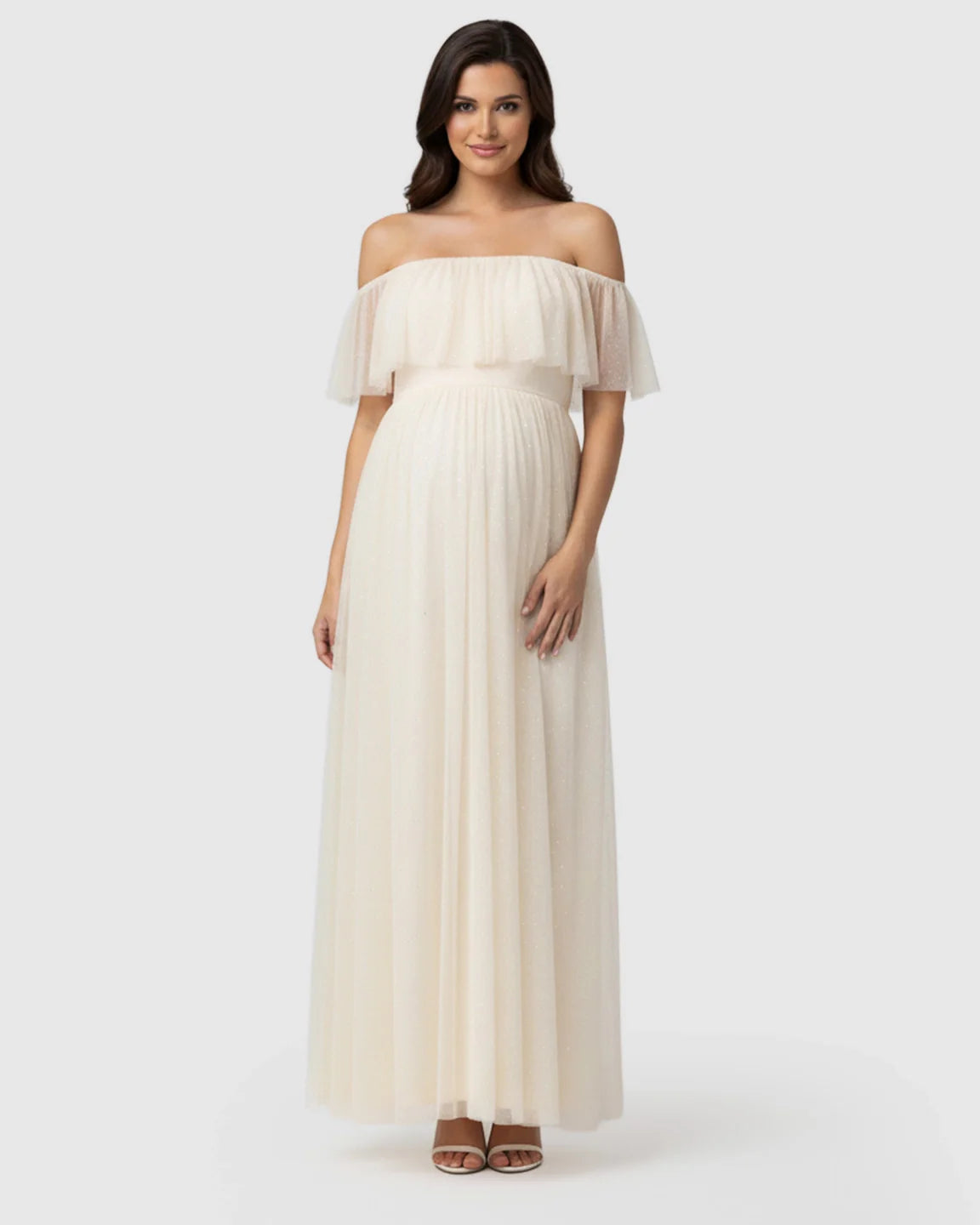 Bump Society – The Comfort Collection: Off-Shoulder Ruffled Mesh Maternity Maxi Dress