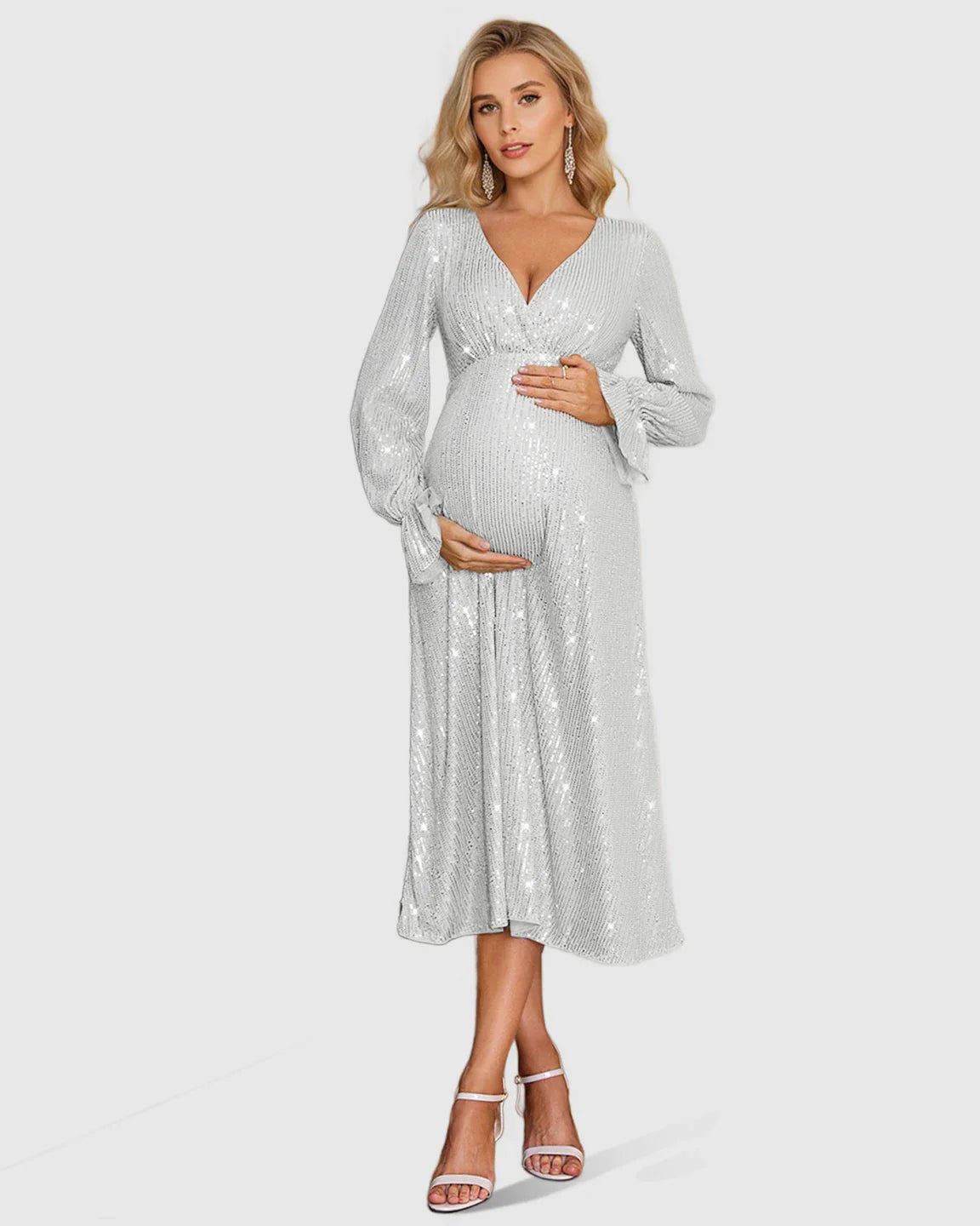 Bump Society – The Comfort Collection: Fully Sequined Empire-Waist Maternity Midi Dress