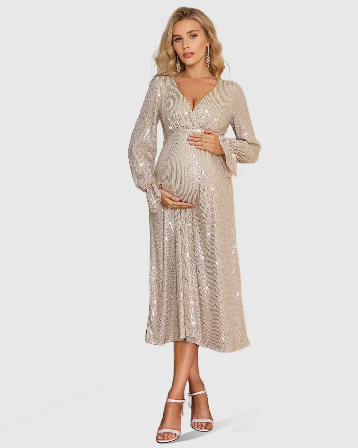 Bump Society – The Comfort Collection: Fully Sequined Empire-Waist Maternity Midi Dress