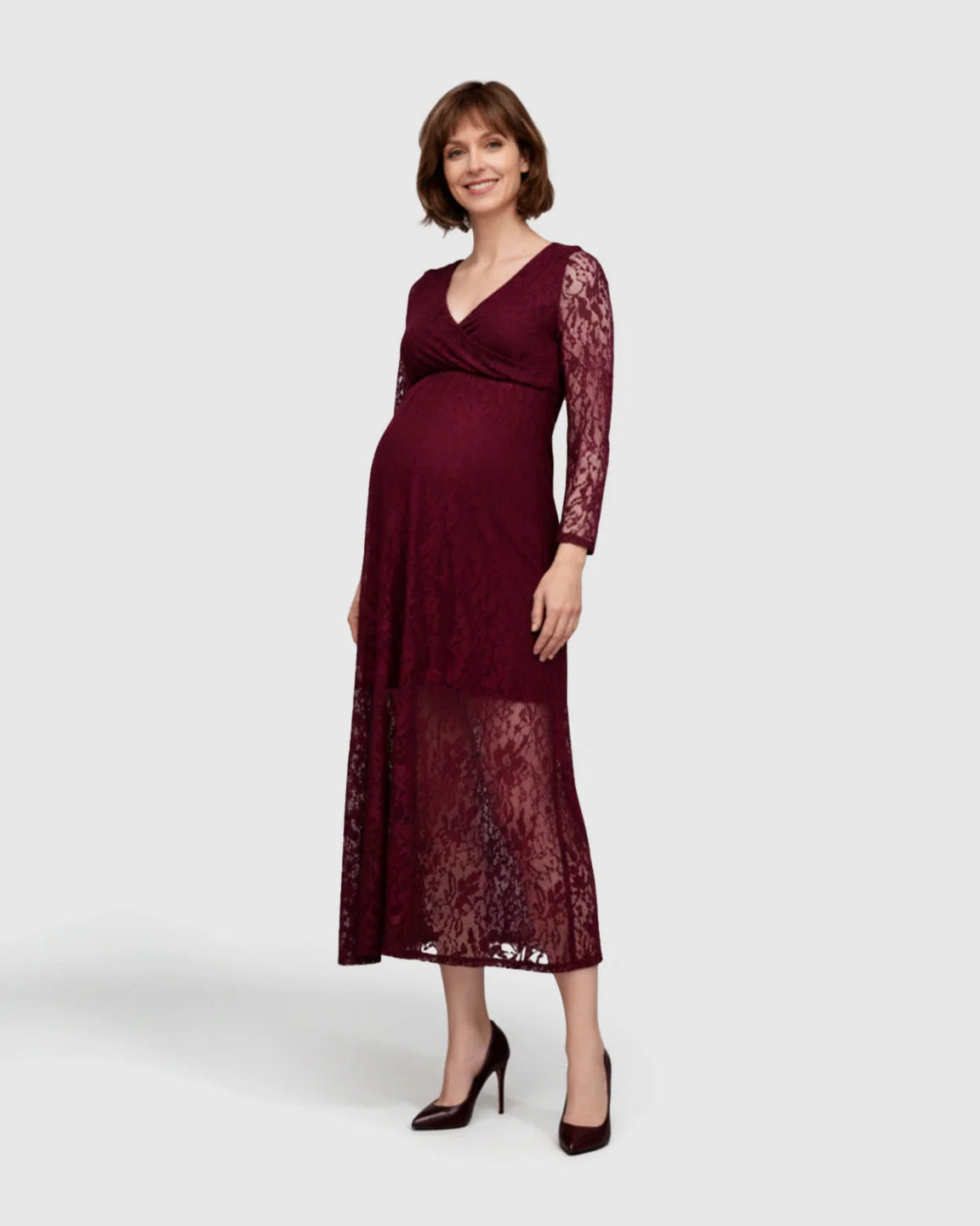 Bump Society – The Comfort Collection: Sheer Lace Long Sleeve Maternity Midi Dress