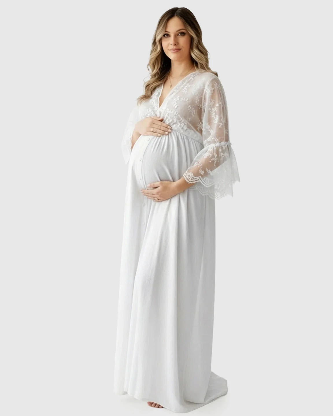 Bump Society – The Comfort Collection: Lace Bell-Sleeve V-Neck Maternity Gown
