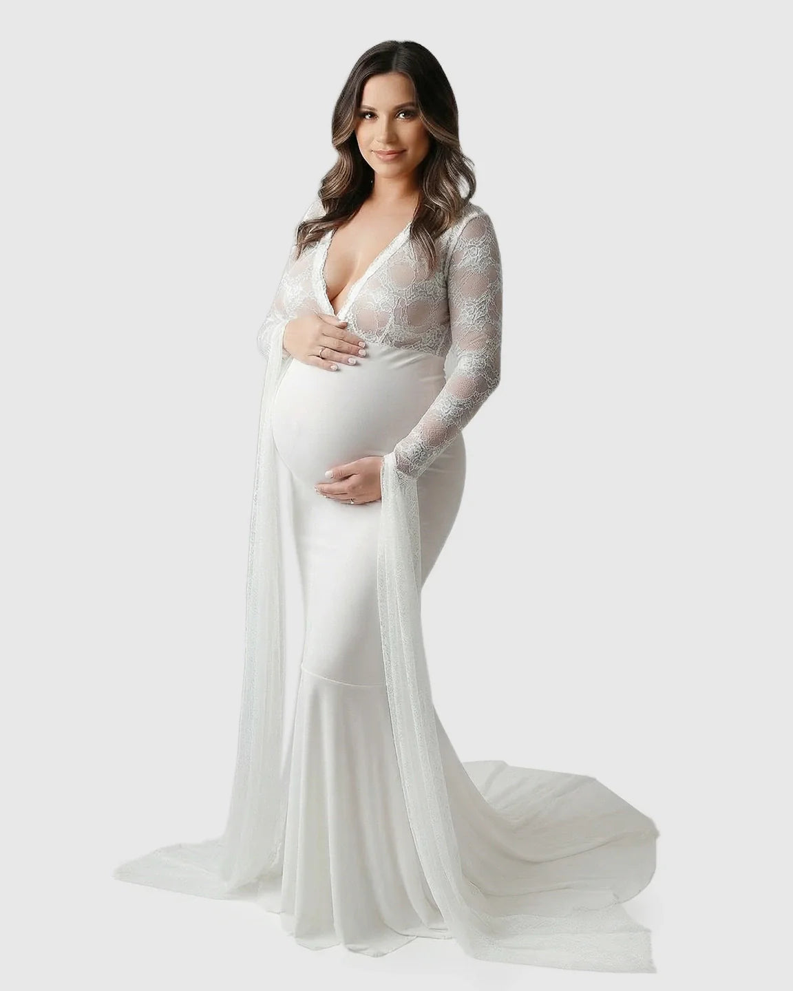 Bump Society – The Comfort Collection: Lace Deep-V Floor-Length Maternity Gown
