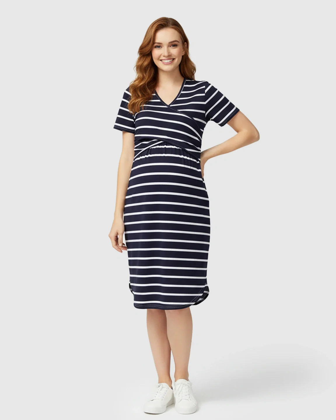 Bump Society – The Nursing Collection: Striped Crossover Fitted Nursing Maternity Midi Dress