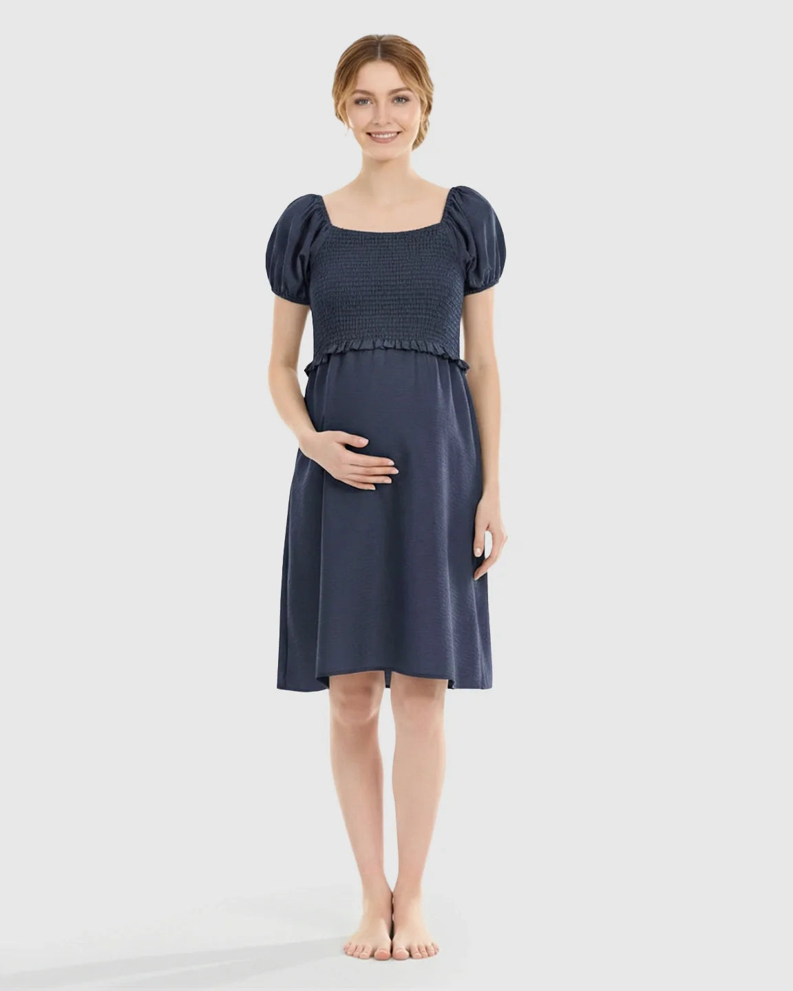 Bump Society – The Nursing Collection: Puff-Sleeve Flowy Maternity & Nursing Midi Dress