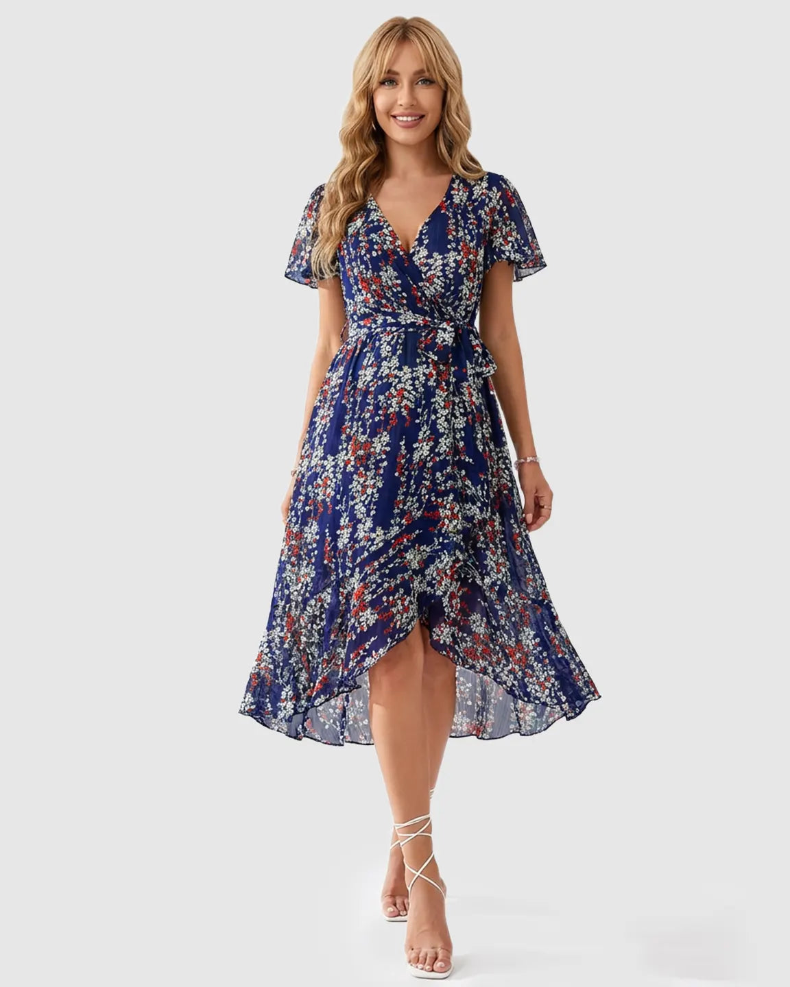 Maternity midi dress: blue floral V-neck, ruffled hem, short sleeves, and tie waist.