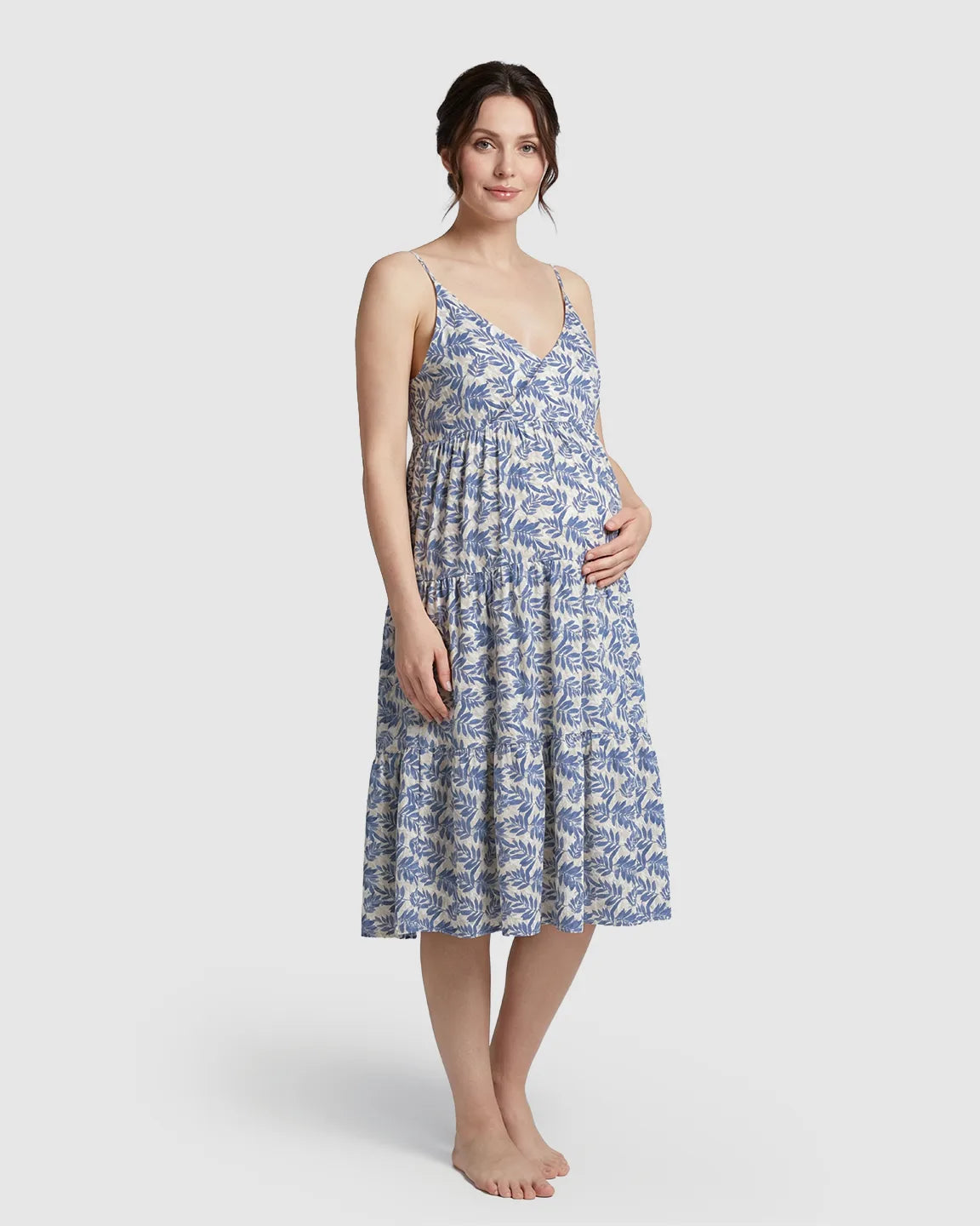 Bump Society – The Comfort Collection: Adjustable-Strap Blue Leaves Print Maternity Nightdress