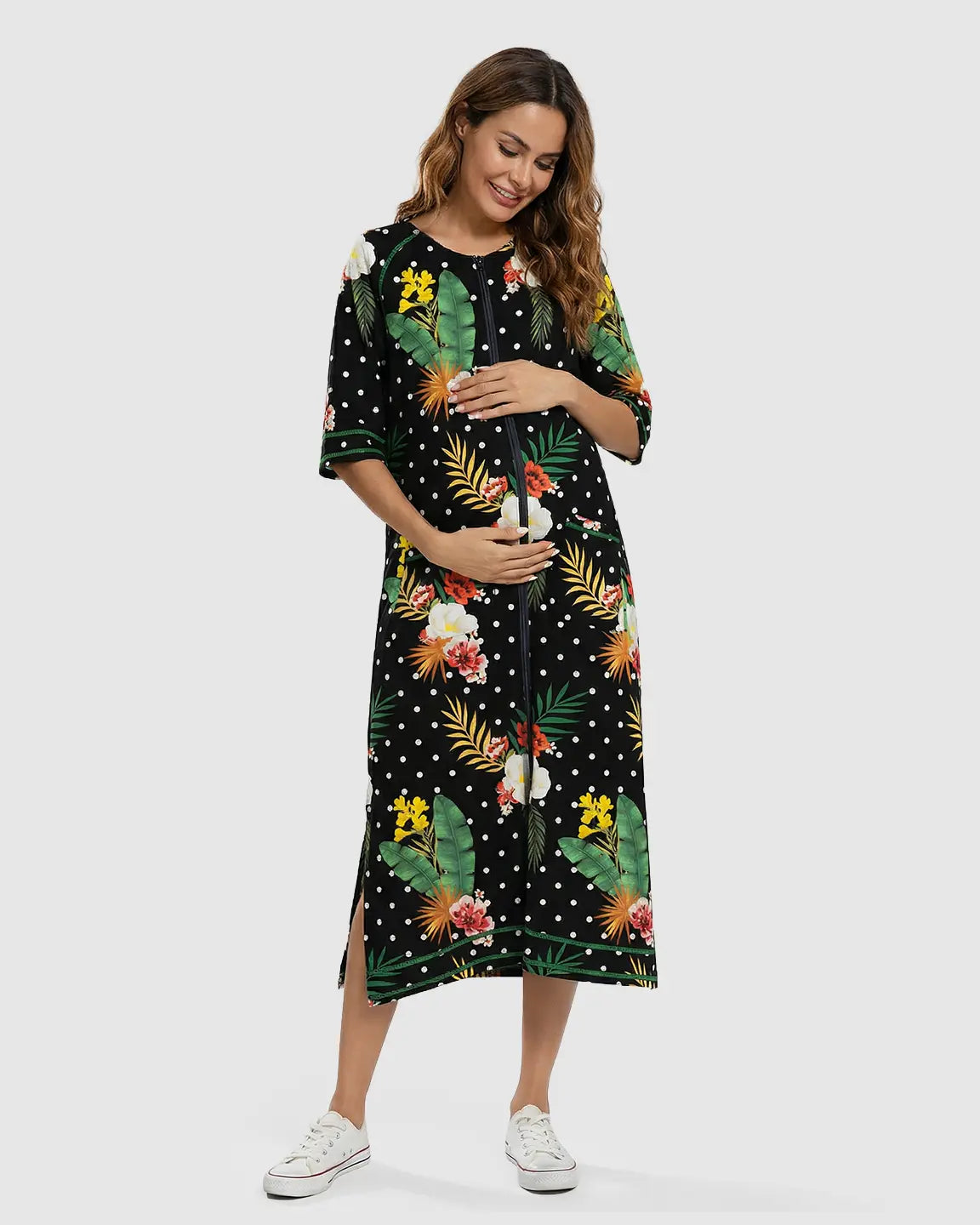 Bump Society – The Nursing Collection: Zip Front Tropical Print Maternity Nursing Lounge Dress