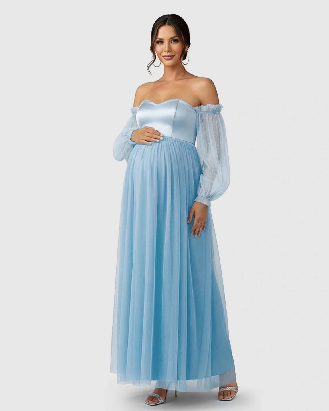 Bump Society – The Comfort Collection: Off-Shoulder Mesh-Sleeve Maternity Gown