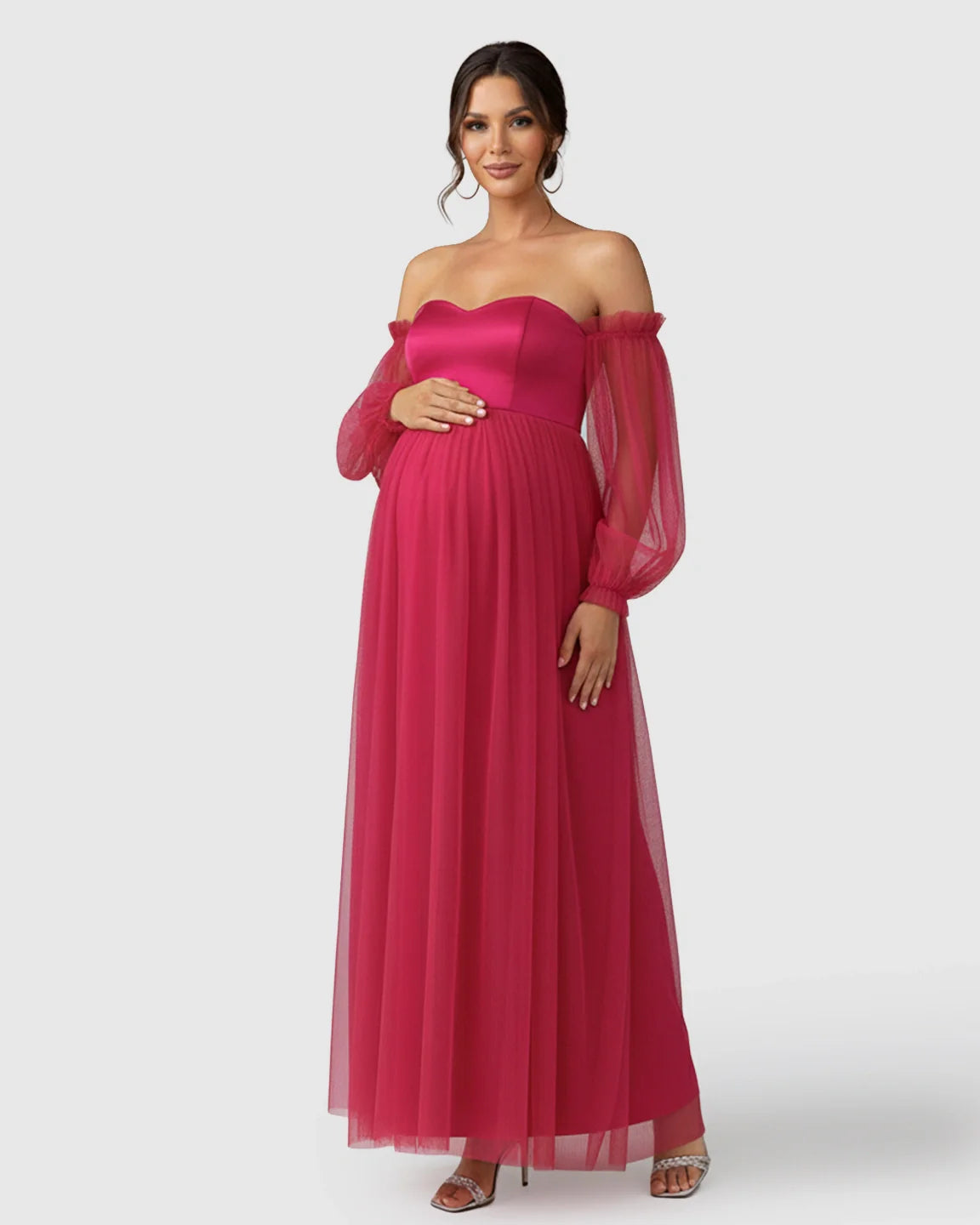 Bump Society – The Comfort Collection: Off-Shoulder Mesh-Sleeve Maternity Gown