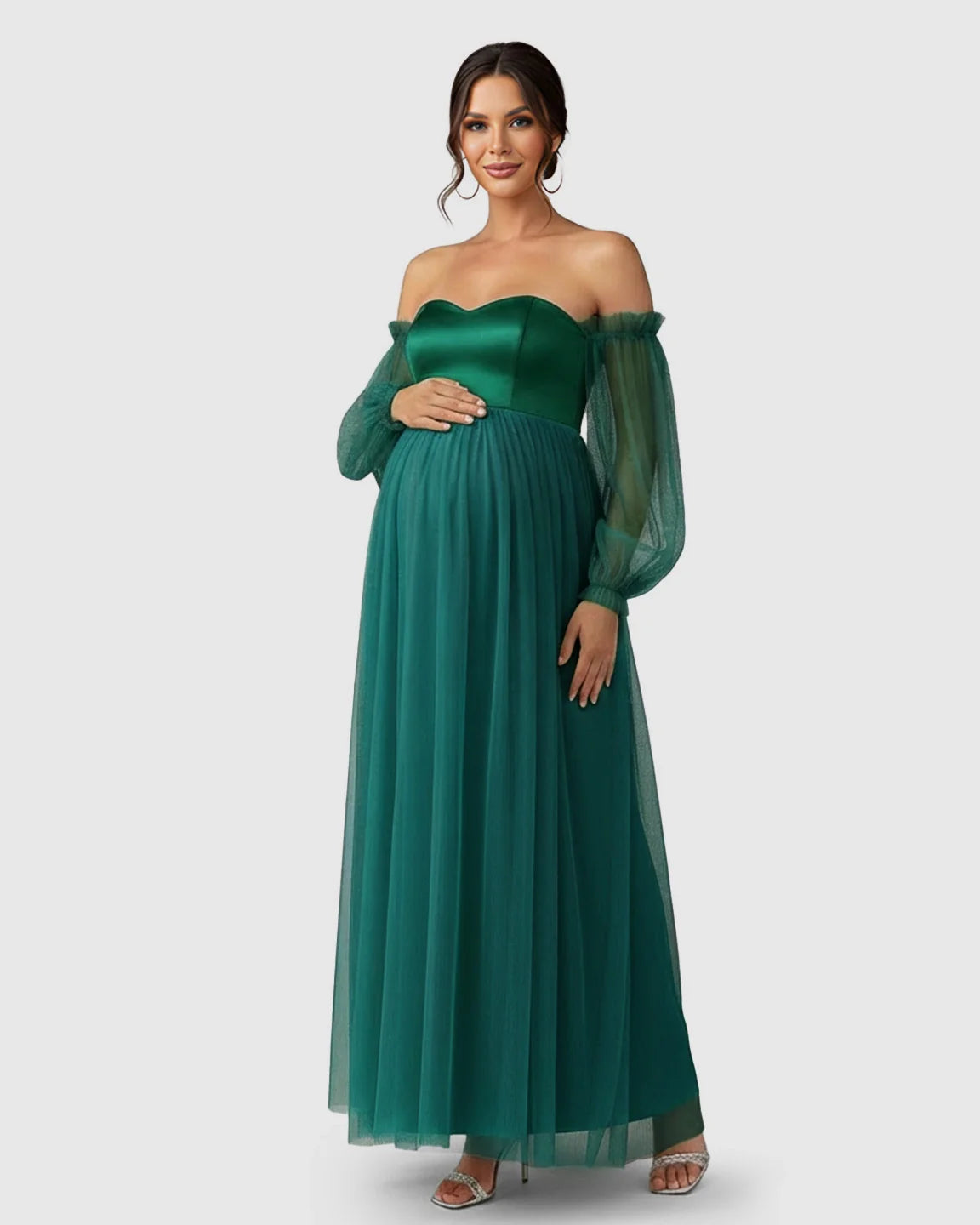 Bump Society – The Comfort Collection: Off-Shoulder Mesh-Sleeve Maternity Gown
