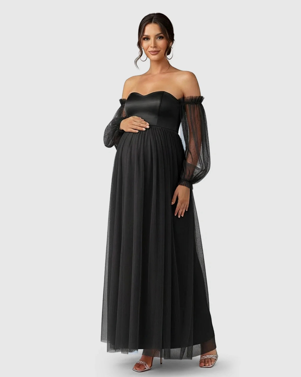 Bump Society – The Comfort Collection: Off-Shoulder Mesh-Sleeve Maternity Gown