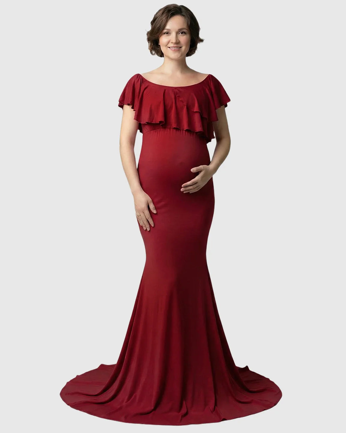 Bump Society – The Comfort Collection: Ruffle-Off Shoulder Trailing Maternity Gown