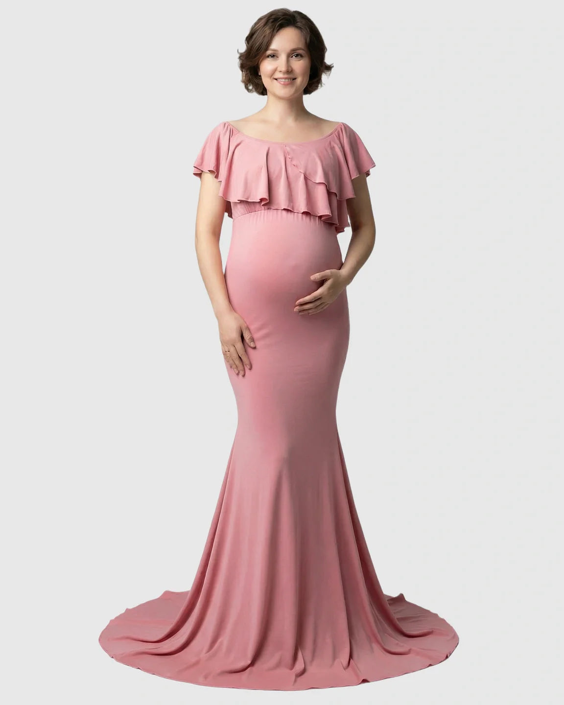 Bump Society – The Comfort Collection: Ruffle-Off Shoulder Trailing Maternity Gown