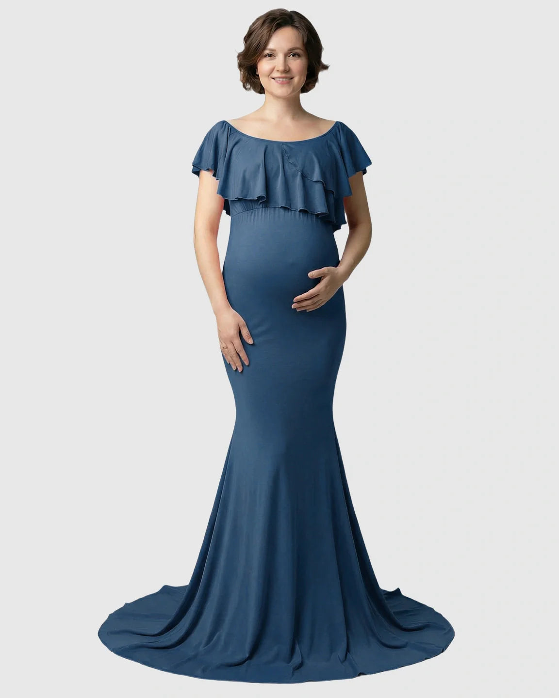 Bump Society – The Comfort Collection: Ruffle-Off Shoulder Trailing Maternity Gown