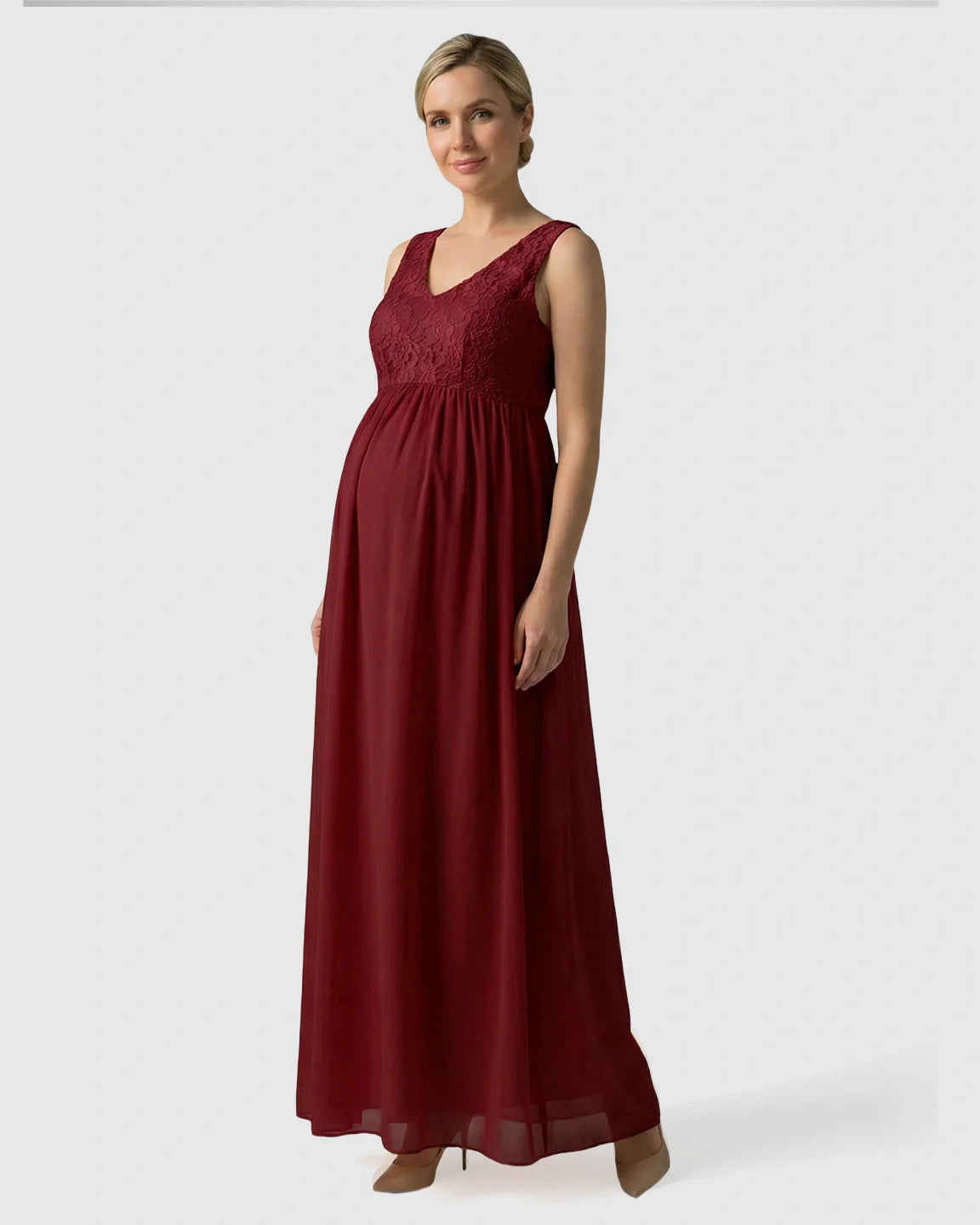 Bump Society – The Comfort Collection: Lace-Chiffon Romantic Maternity Maxi Dress