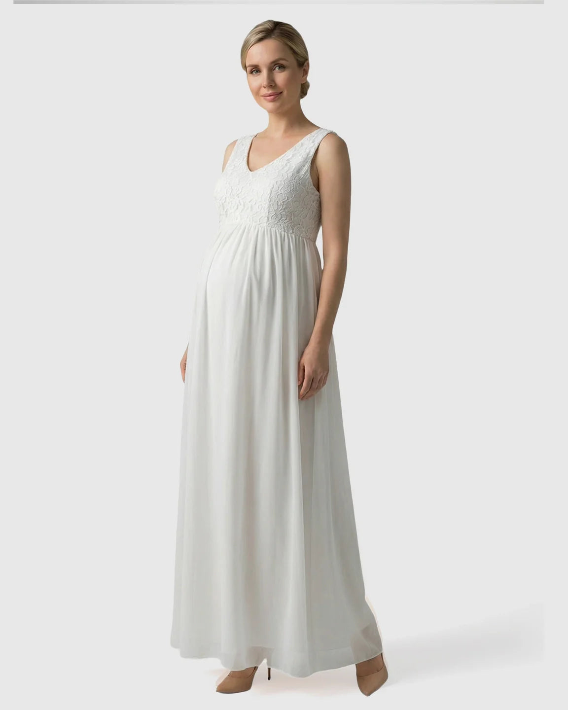 Bump Society – The Comfort Collection: Lace-Chiffon Romantic Maternity Maxi Dress