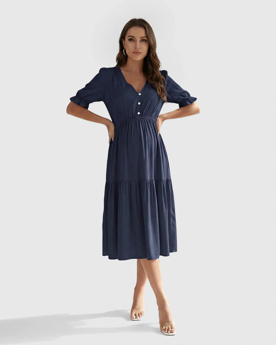Bump Society – The Comfort Collection: V Neck Puff Sleeve Maternity Midi Dress