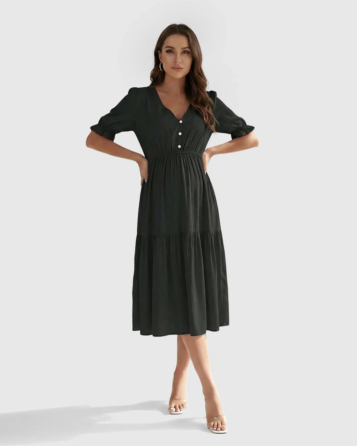 Bump Society – The Comfort Collection: V Neck Puff Sleeve Maternity Midi Dress