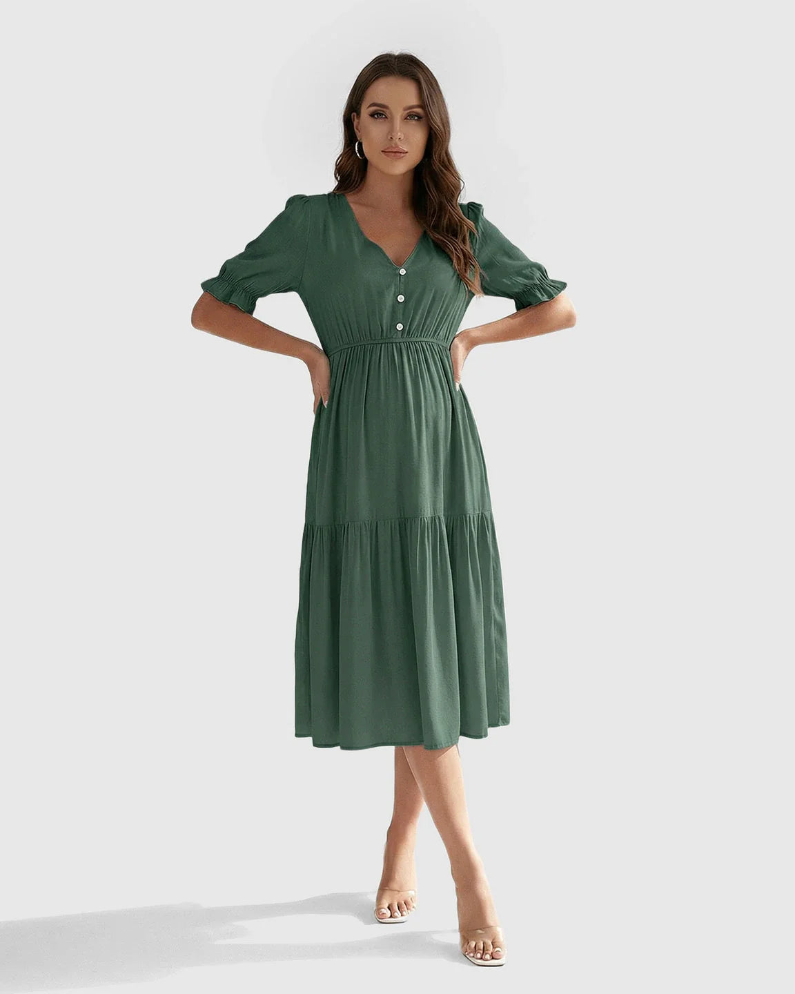 Bump Society – The Comfort Collection: V Neck Puff Sleeve Maternity Midi Dress