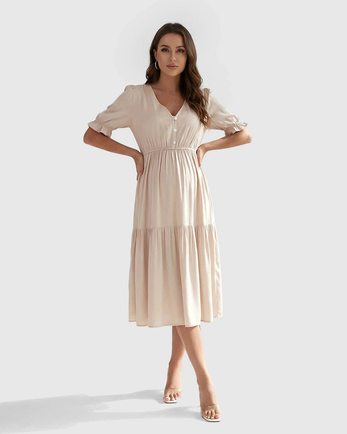 Bump Society – The Comfort Collection: V Neck Puff Sleeve Maternity Midi Dress