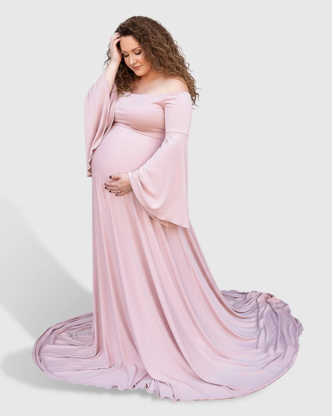 Bump Society – The Comfort Collection: Off-Shoulder Bell Sleeve Boho Maternity Photoshoot Maxi Dress