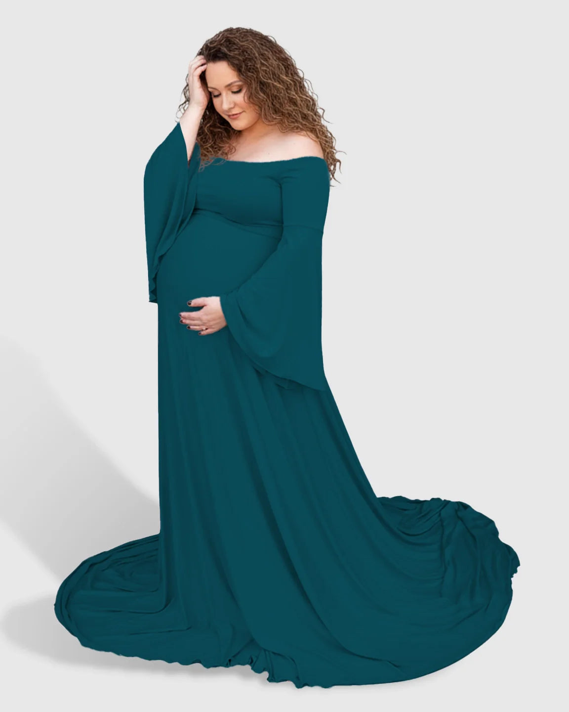 Bump Society – The Comfort Collection: Off-Shoulder Bell Sleeve Boho Maternity Photoshoot Maxi Dress