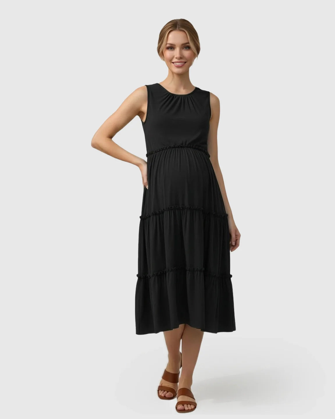 Bump Society – The Comfort Collection: Tiered Ruffle Skirt Casual Maternity Midi Dress