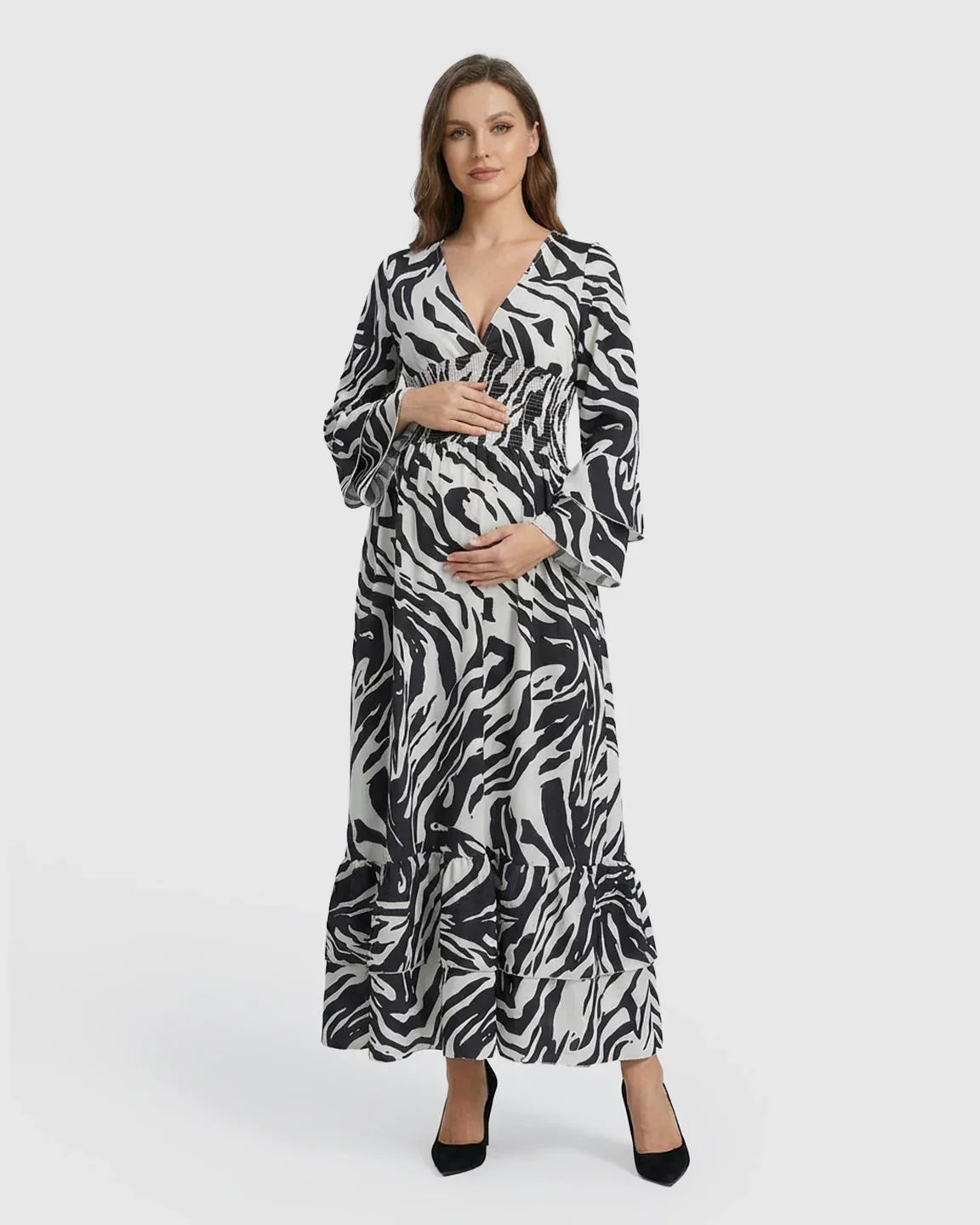 Bump Society – The Comfort Collection: Geometric Pattern Smocked Mid-Waist Maternity Maxi Dress