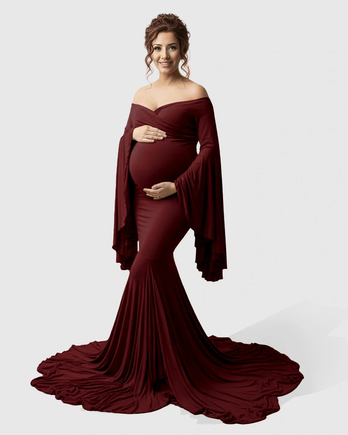 Bump Society – The Comfort Collection: Flared Sleeve Fishtail Train Maternity Photoshoot Dress