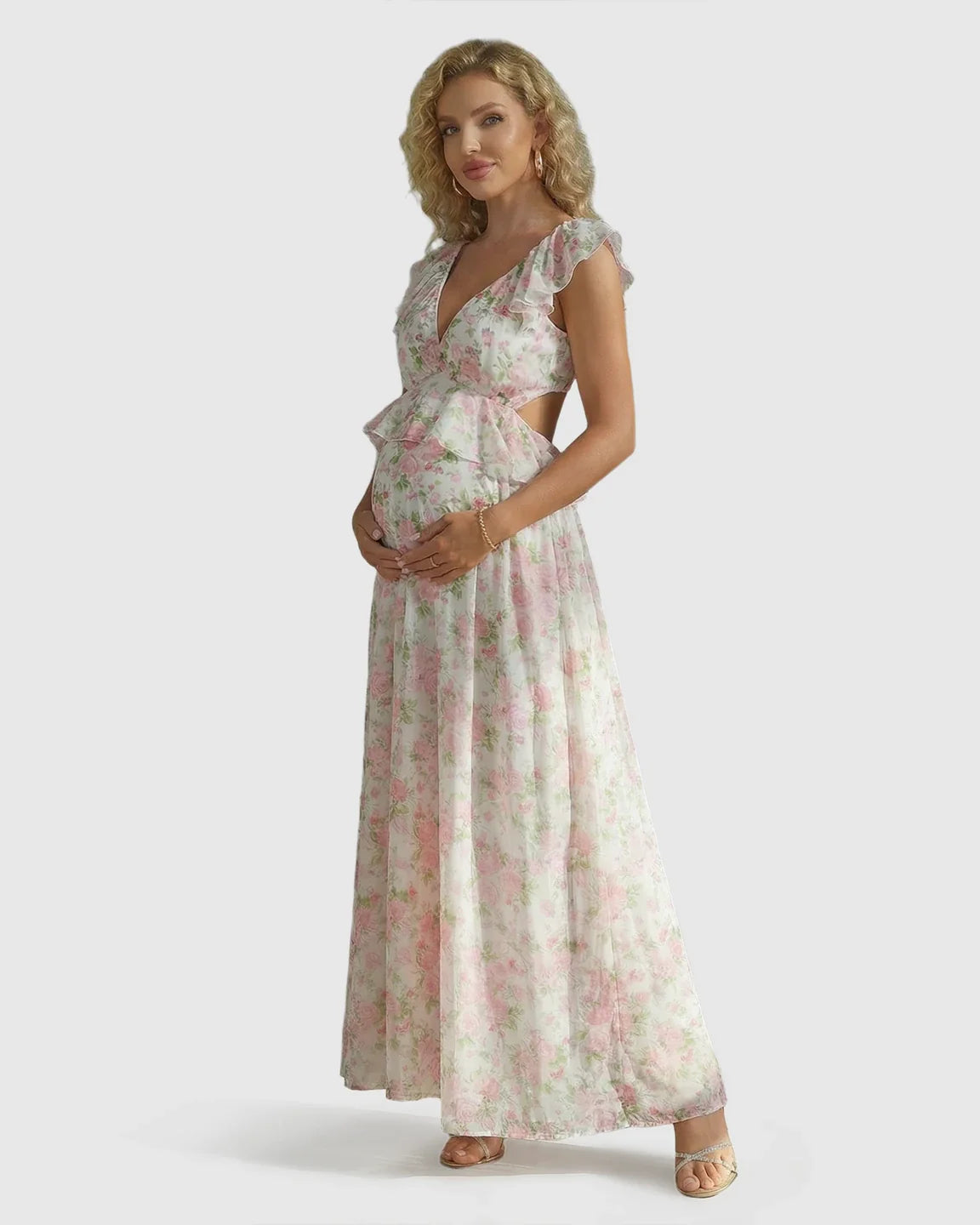 Bump Society – The Comfort Collection: Floral Ruffle Cap Sleeve Flowy Maternity Photoshoot Dress