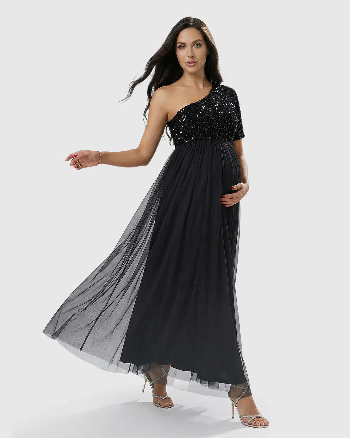 Bump Society – The Comfort Collection: Sequin One-Shoulder Flowing Mesh Maternity Maxi Dress