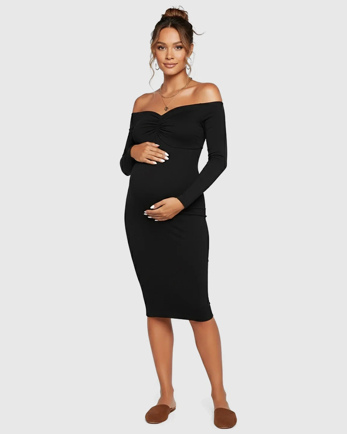 Bump Society – The Comfort Collection: Off-Shoulder Bodycon Maternity Midi Dress