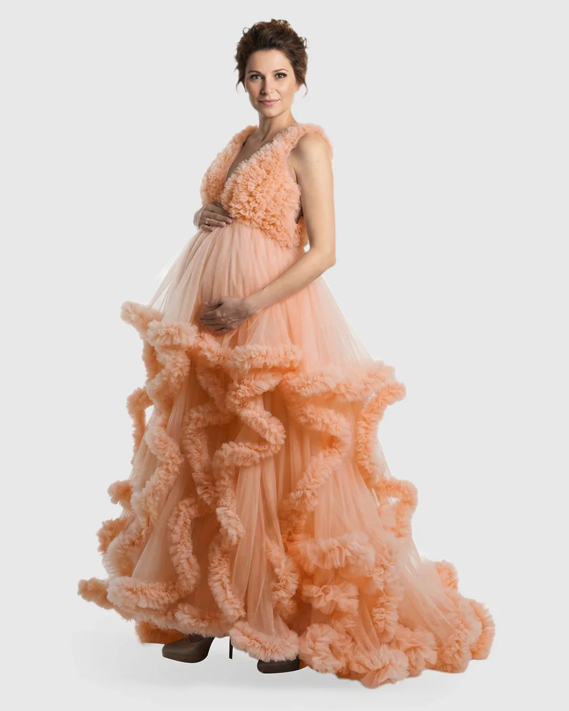 Bump Society – The Comfort Collection: Ruffled Bodice Multi-Layer Mesh Pleats Maternity Gown