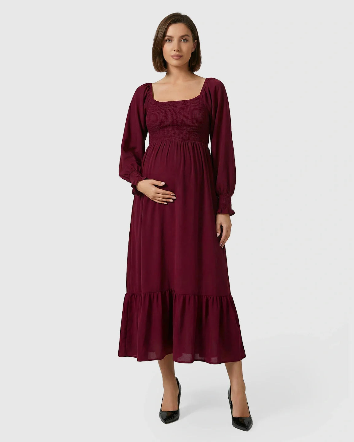 Bump Society – The Comfort Collection: Smocked Square Neck Ruffled Hem Maternity Maxi Dress