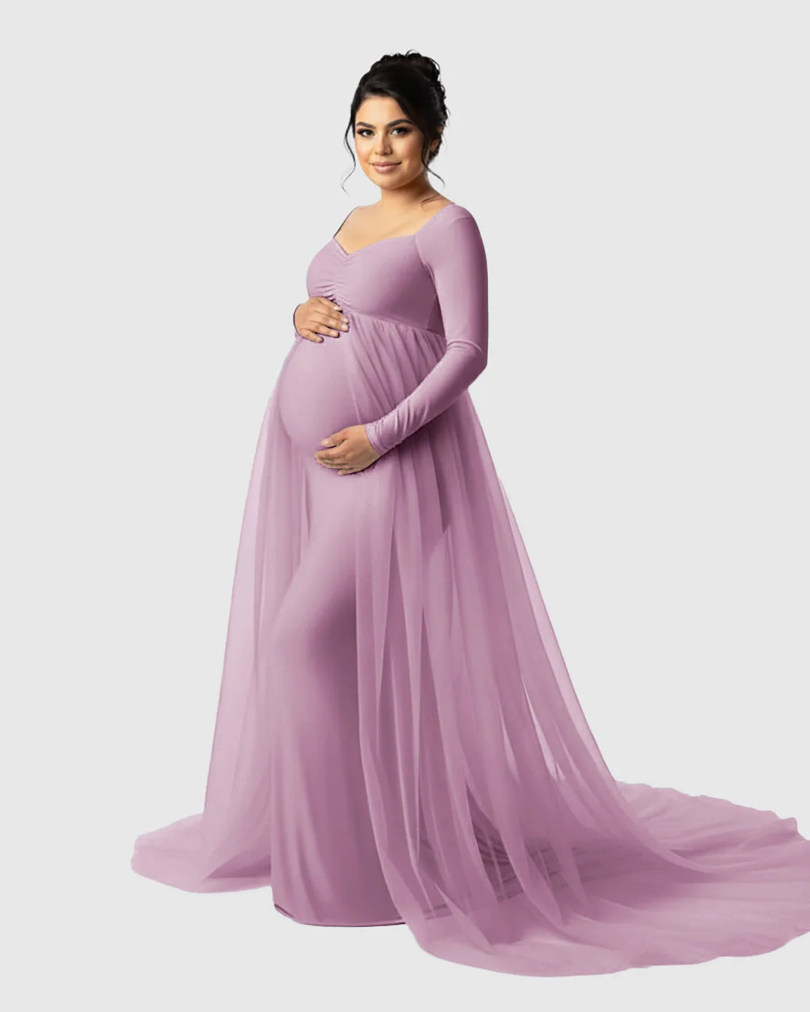 Bump Society – The Comfort Collection: Sheer Mesh Flowy Train Maternity Maxi Dress