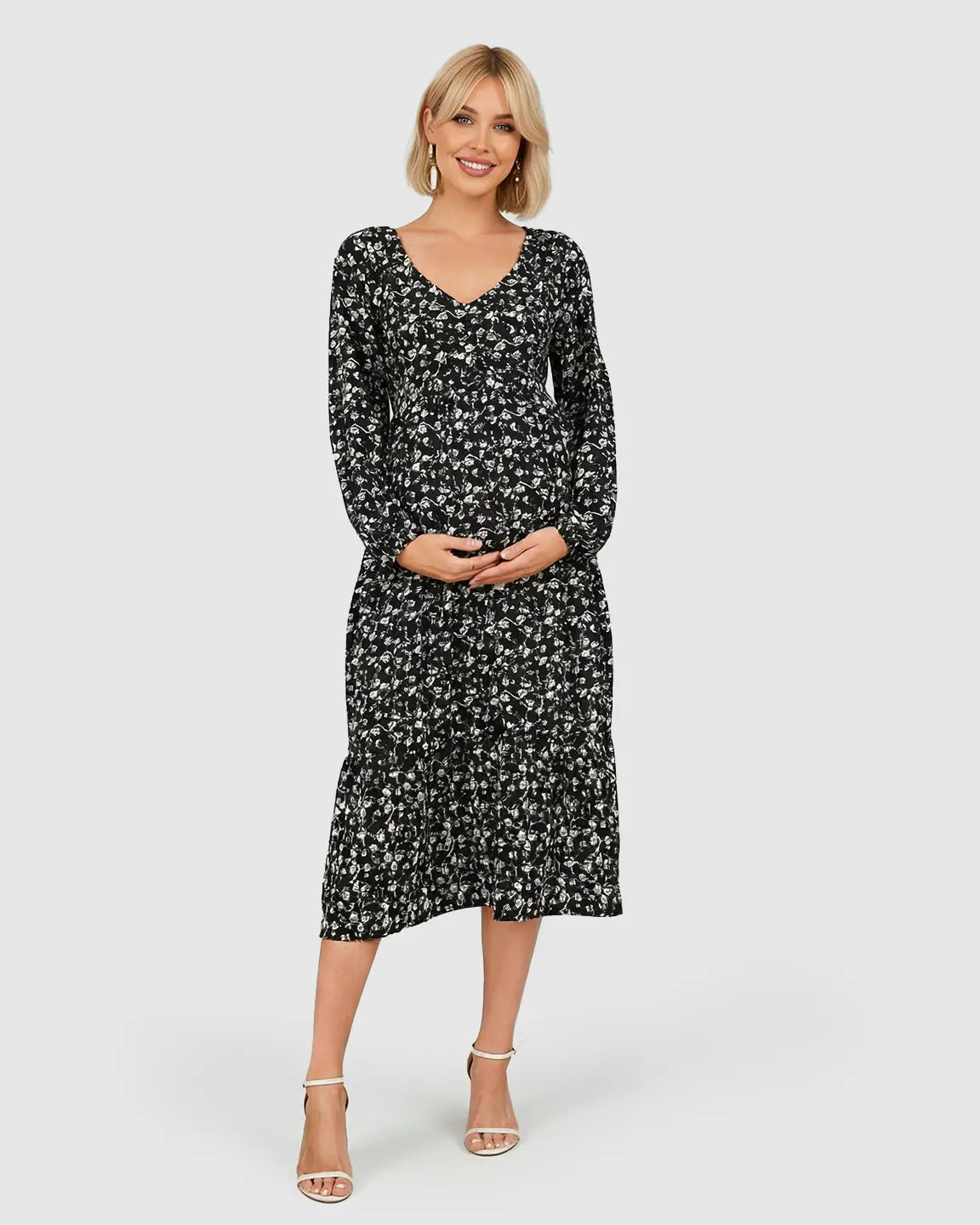 Bump Society – The Comfort Collection: Long Sleeve Dark Floral Print Maternity Midi Dress