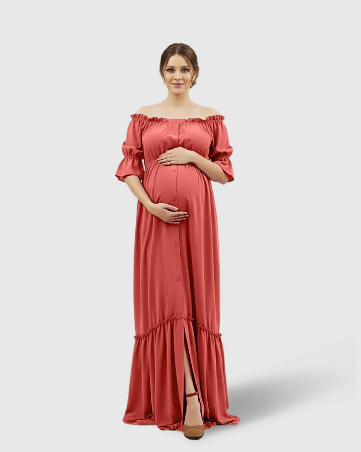 The Comfort Collection: Elegant Off-Shoulder Flared Maternity Long Dress