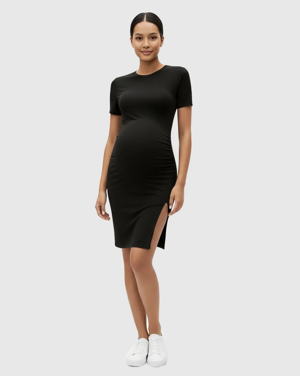 Bump Society – The Comfort Collection: Short Sleeve Bodycon Maternity Midi Dress with Side Slit